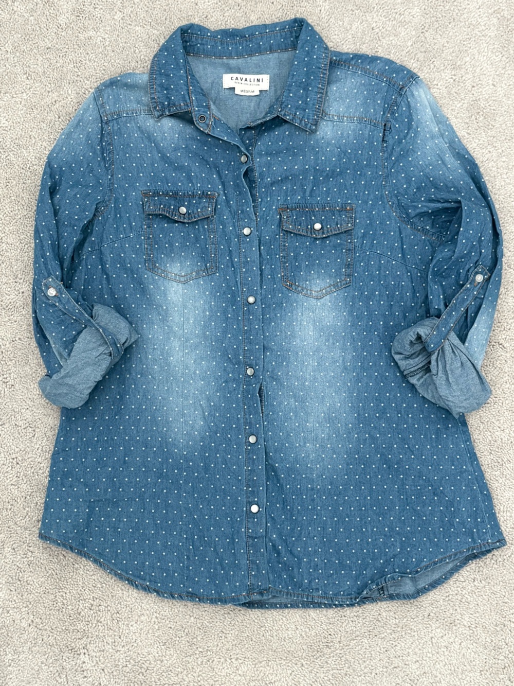 Catalina Denim Collection Polka Dot Denim Snap-Front Shirt Size Medium